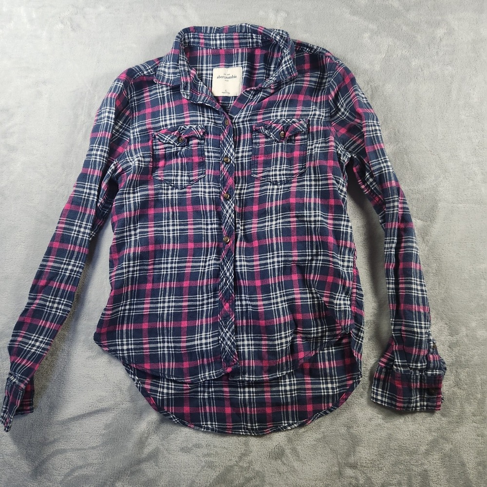 abercrombie kids Girl's Pink & Blue L/S Button Up‎ Flannel Shirt Size XL
